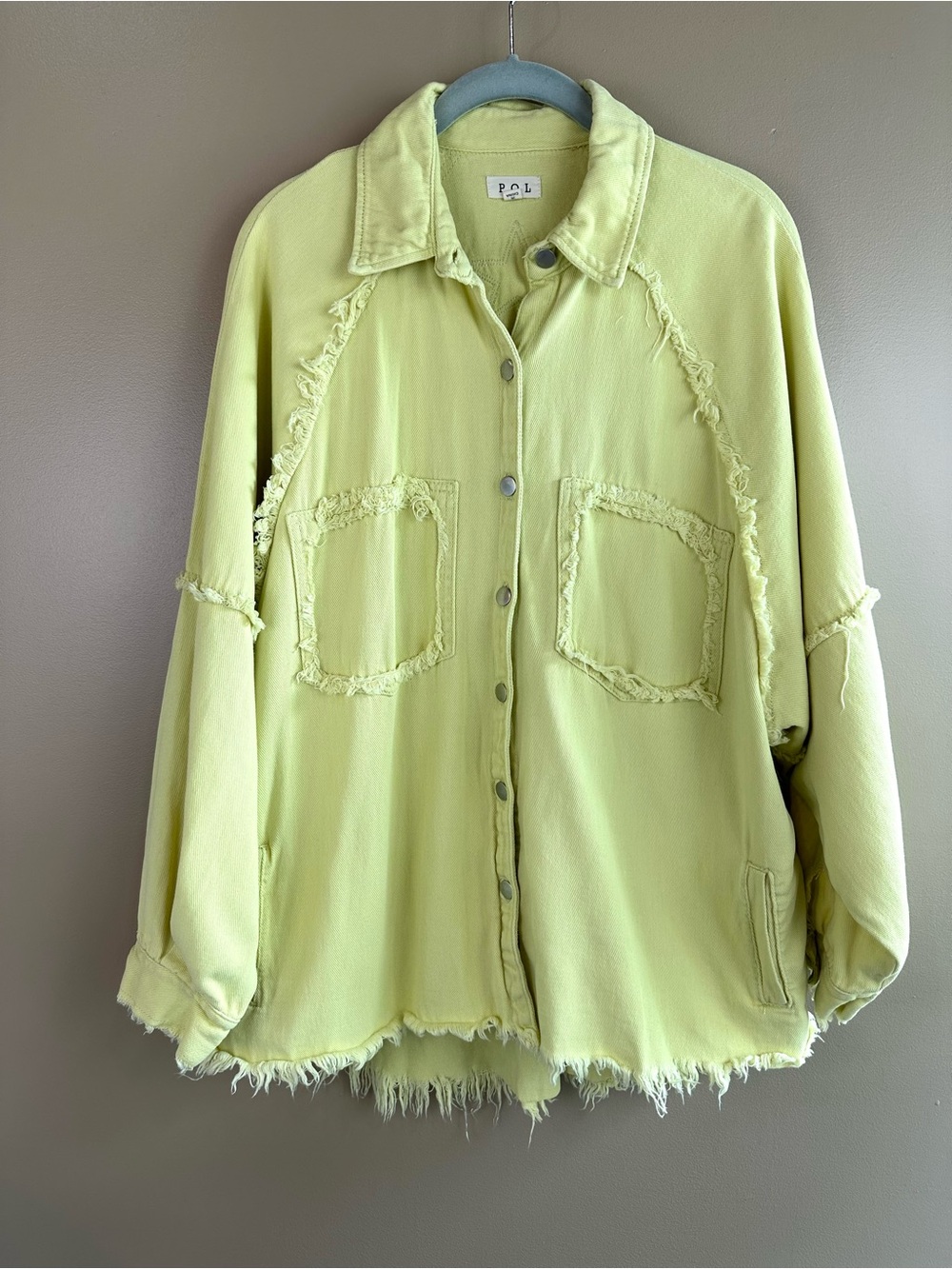 POL Chartreuse Green Raw Hem Cotton Shacket Jacket Oversized Frayed Small Casual